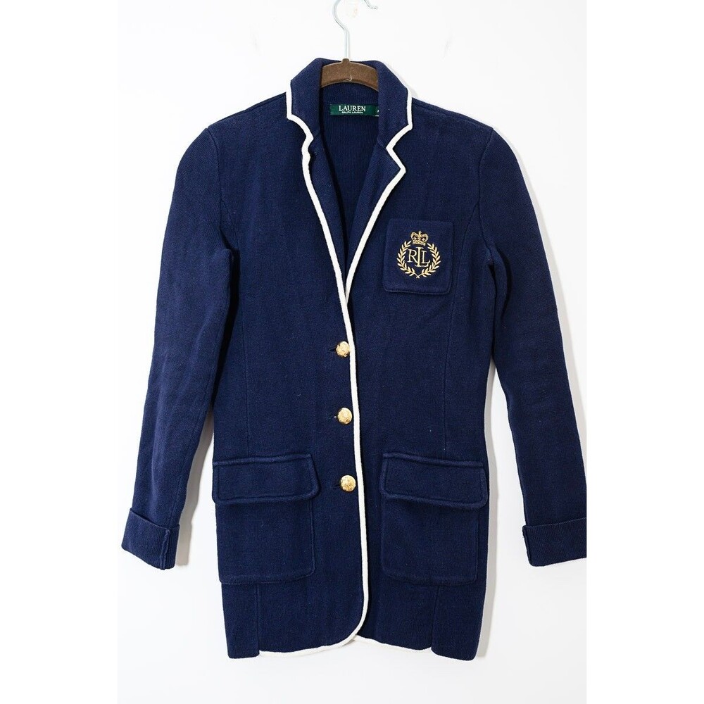 Lauren Ralph Lauren Blazer XXS Navy Cotton Cardigan Sweater Crest Patch Cotton